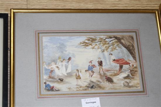 19th century English School, four watercolours, Indian study of a bungalow with annotations verso; Miss Louisa Her Picnic; Study from